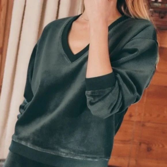 NWT Marine Layer Cord Velour V Neck Sweatshirt and Wide Leg Pant Green S/M - Picture 9 of 9